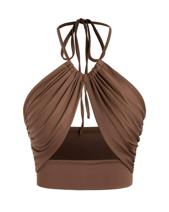 Women's Ruched Tie Back Halter Neck Crop Cami Top