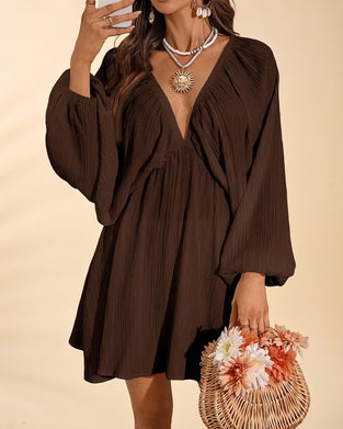 V-Neck Ruched Puff Sleeve Loose Dress