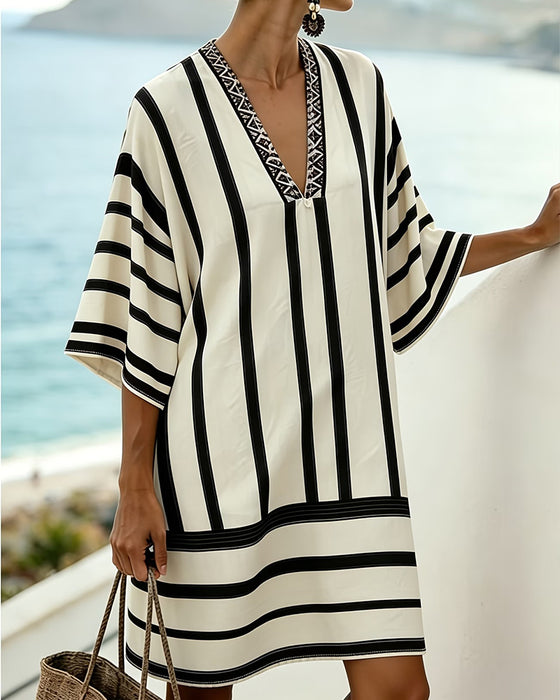 Color Block Black Vertical Stripe V-Neck Dress