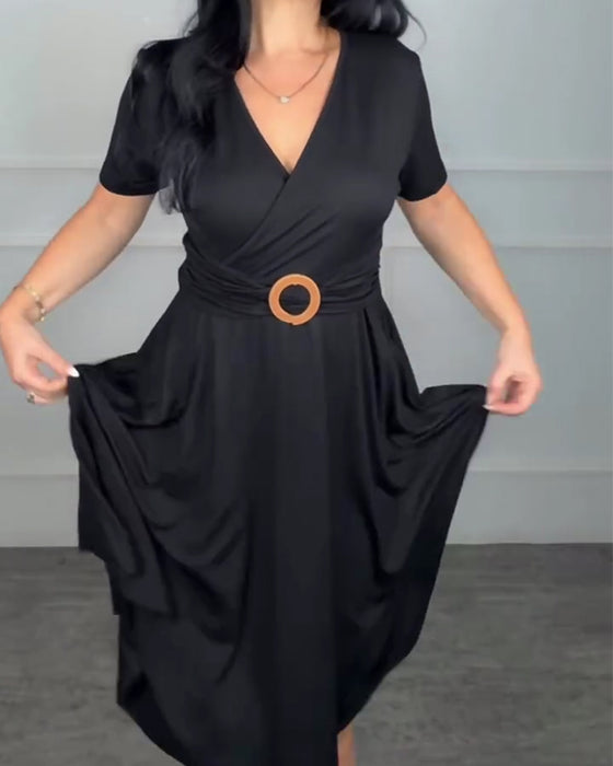 V-Neck Wrap Waist A-Line Dress