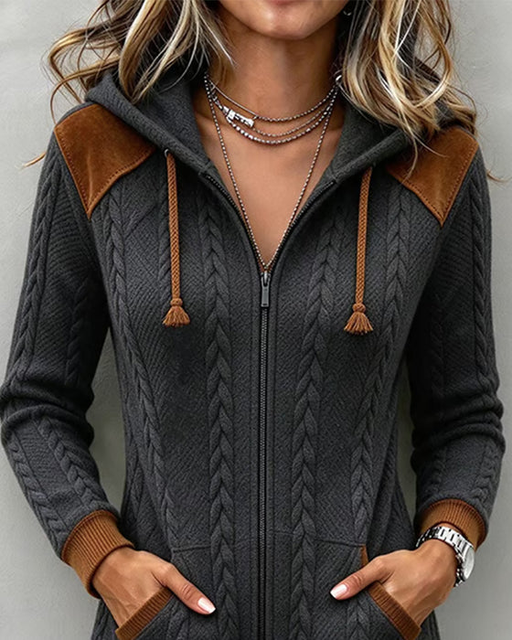 Color Block Cable Hooded Zipped Coat