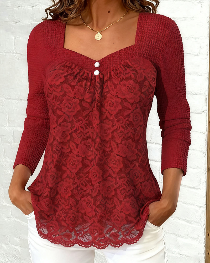 Square Neck Patchwork Long-Sleeved Top