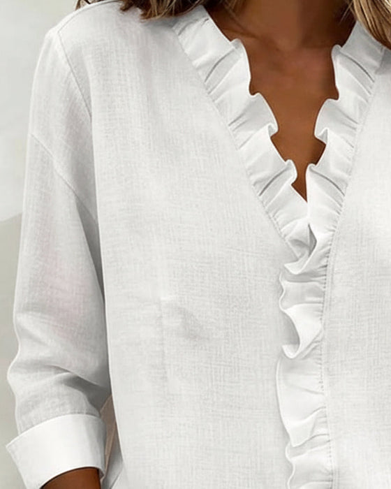 Ruffle V-Neck Long-Sleeve Blouse