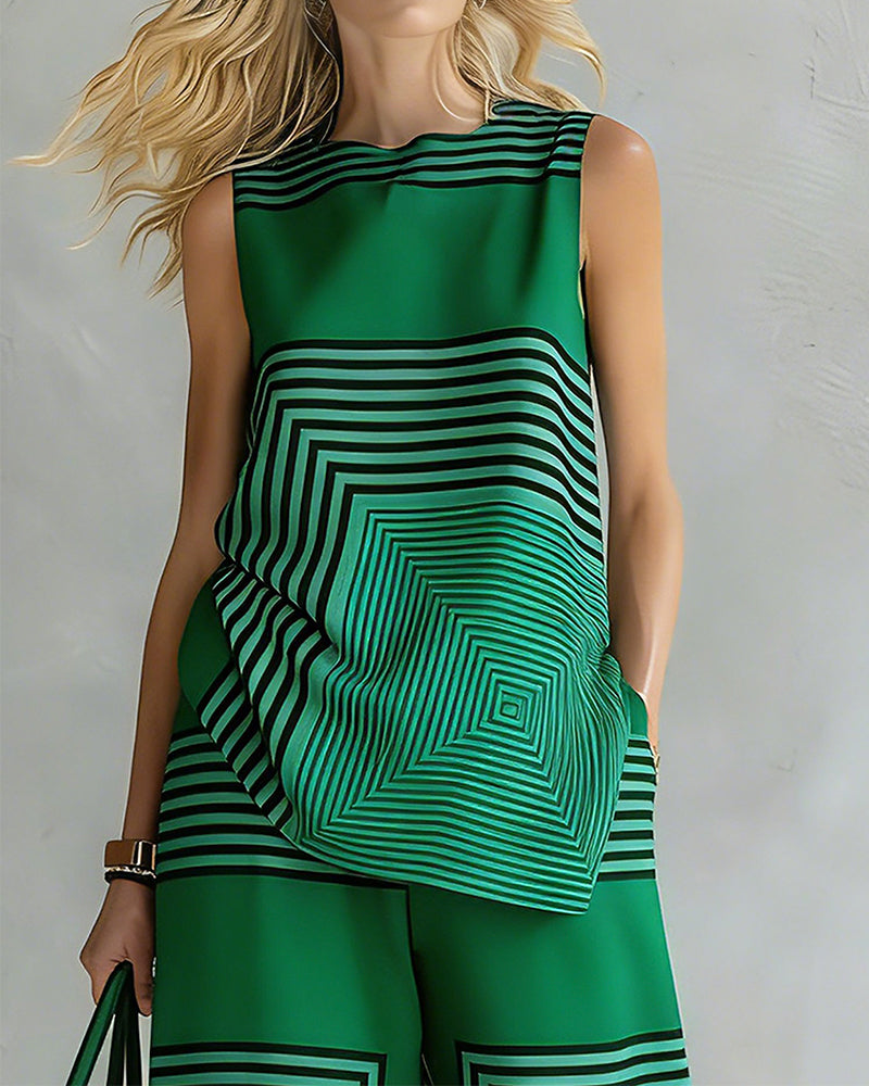 Crewneck Tank Top Wide Leg Pant Geometric Print Set