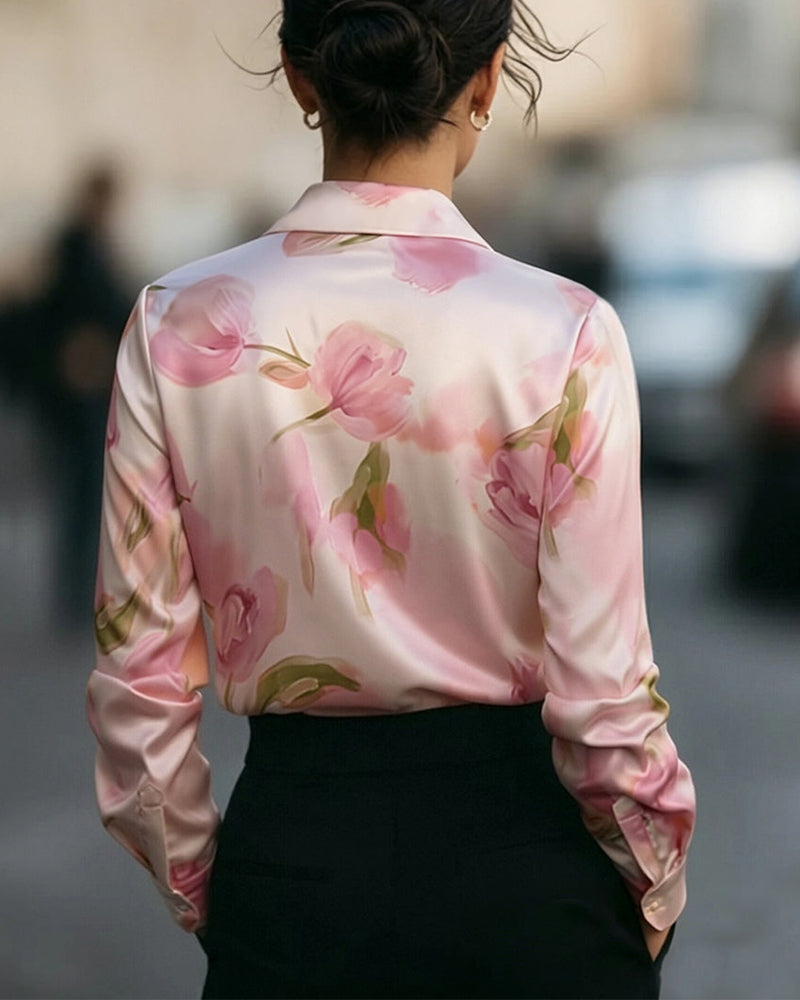 Lapel V-Neck Floral Print Long Sleeve Blouse