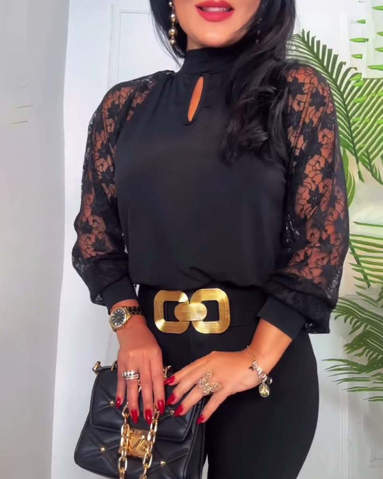 Fashion Solid Color Crochet Lace Sleeve Patchwork Top