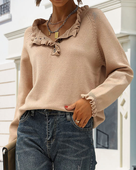 Casual solid color lapel button ruffle pullover