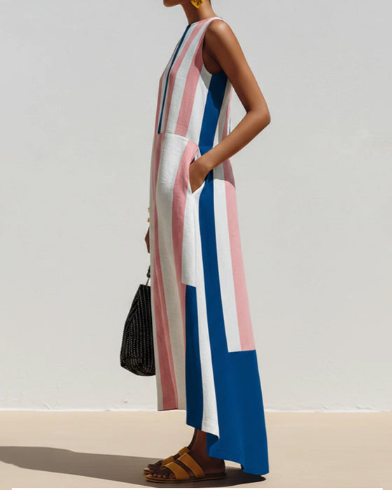 Crew Neck Color Block Vertical Stripe Sleeveless Dress
