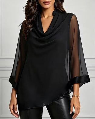 Mock Neck Irregular Solid Sheer Blouse