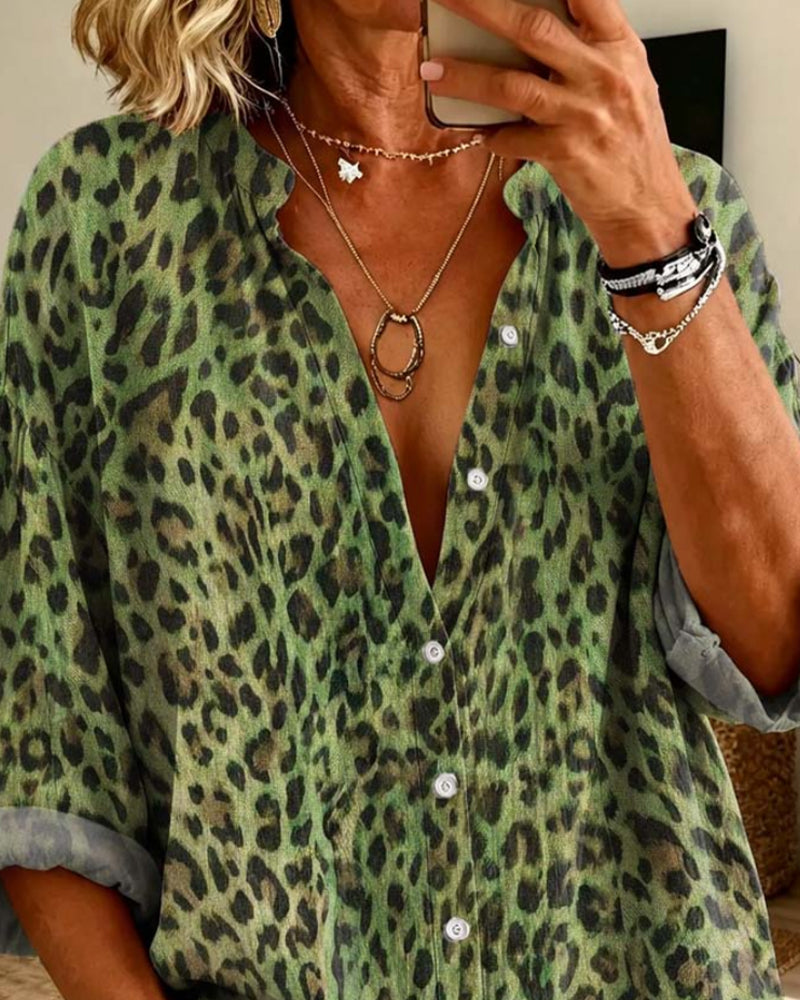 V-Neck Button Leopard Long Sleeve Shirt