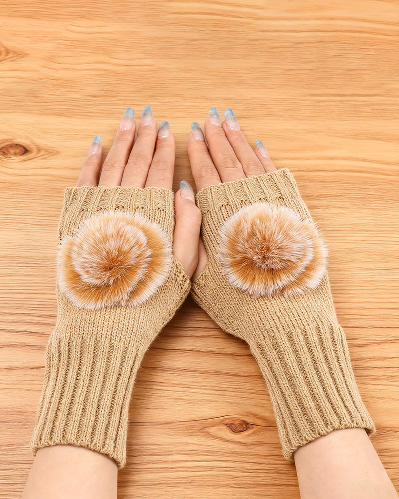 Warm Half-Fingerless Knitted Ball Gloves