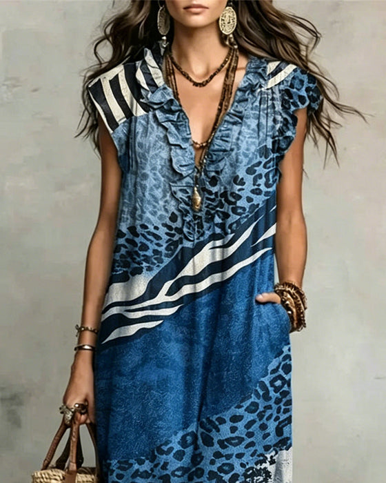 V-Neck Ruffle Pattern Patchwork Dress