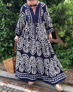 Retro print casual long sleeve dress