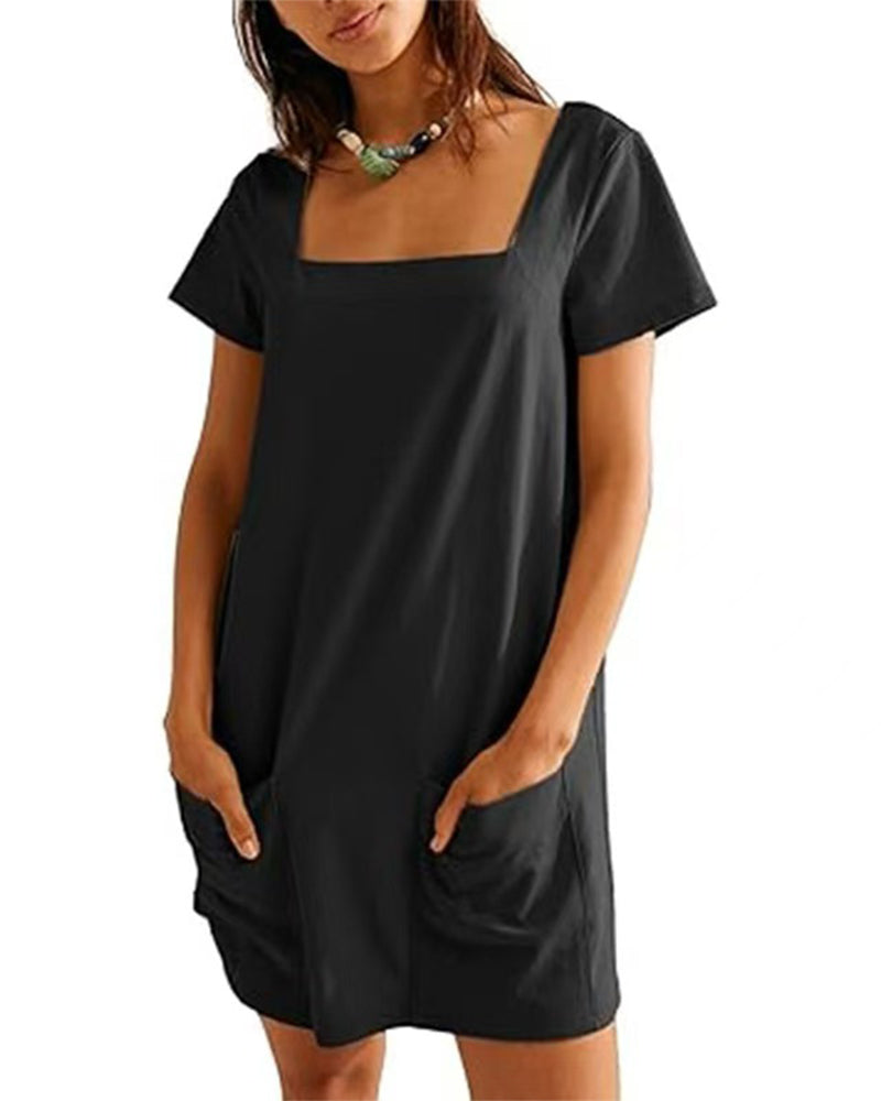 Square Neck Short-Sleeved Pocket Dress