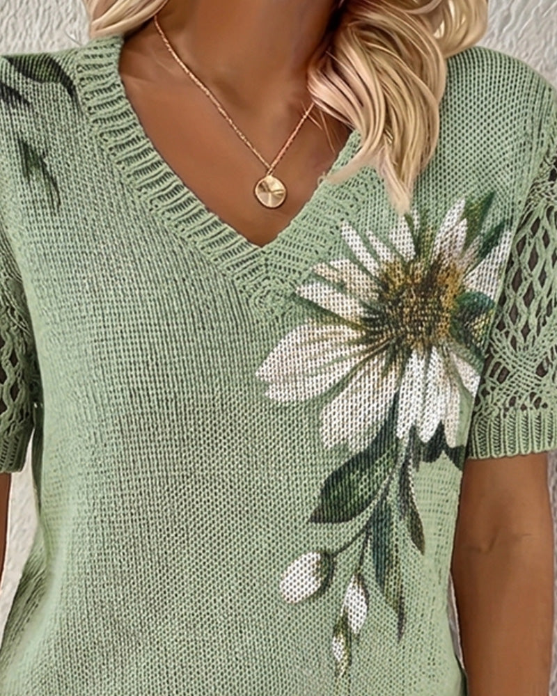 V-Neck Knitted Floral Pullover