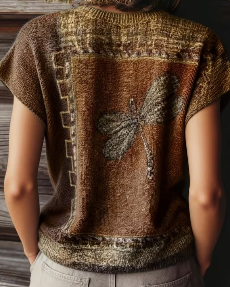 Dragonfly Print Round Neck Short Sleeve Pullover