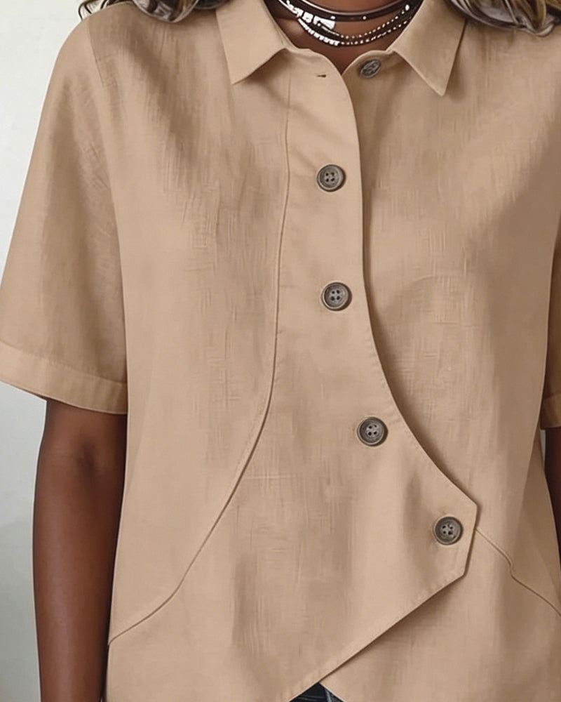 Asymmetrical Cotton Linen Placket Button-Down Shirt