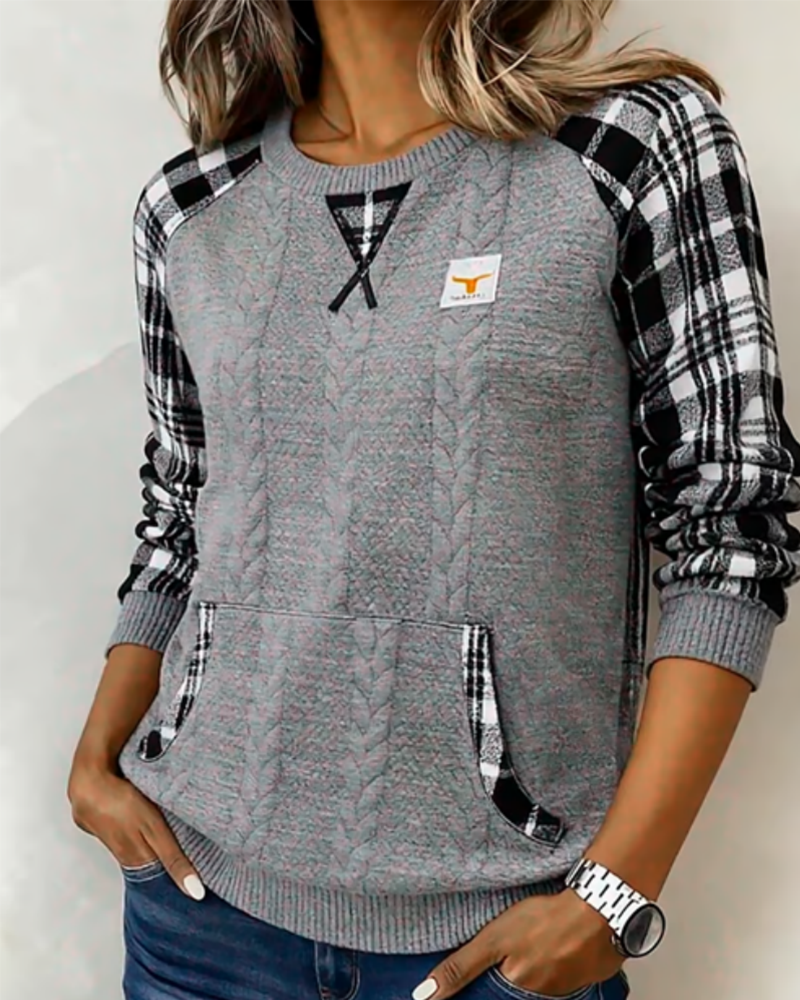 Plaid Patchwork Round Neck Sweatshirt