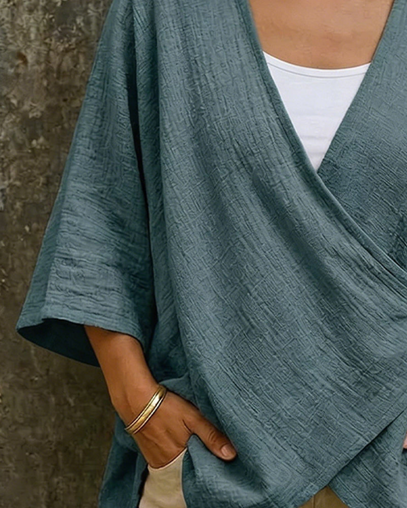V-Neck Cross Front Three-Quarter Sleeve Blouse