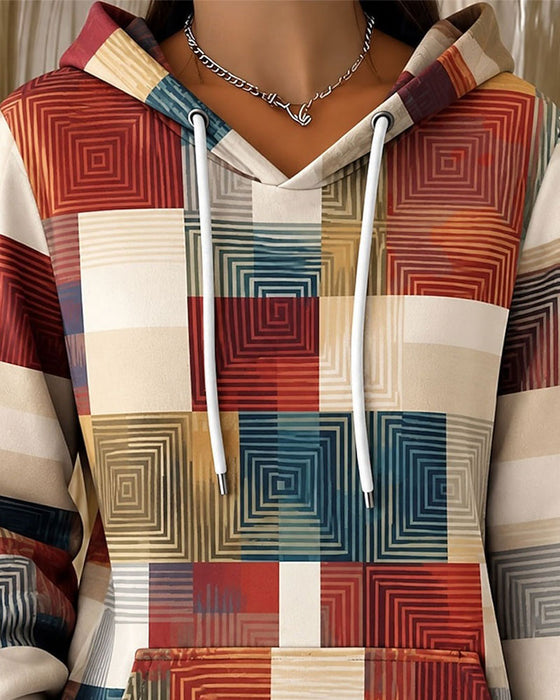 Plaid Color-Block Drawstring Hoodie
