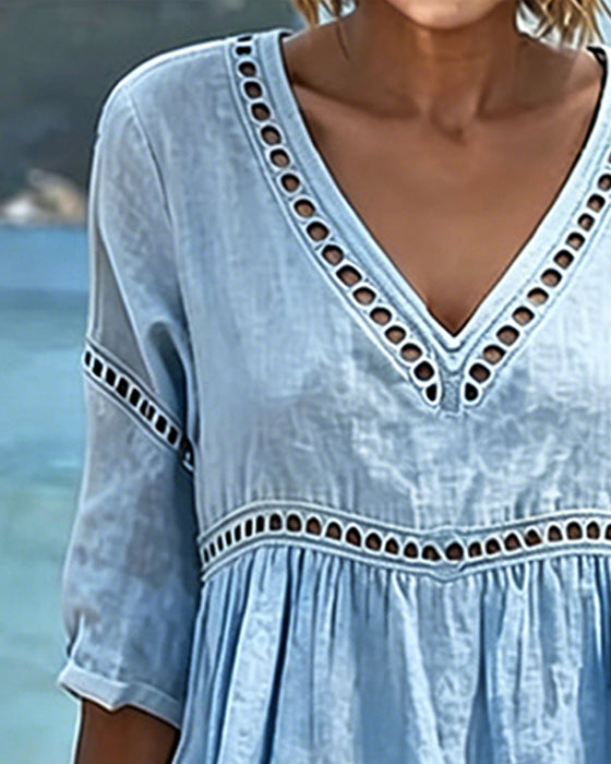 Solid Color Hollow-Out Casual Dress