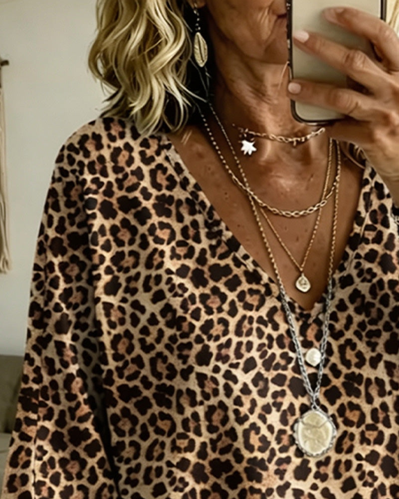V-Neck Leopard Casual Blouse