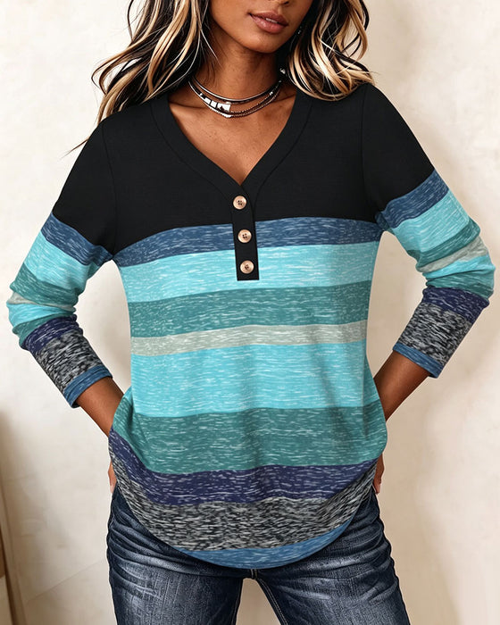 V-Neck Button-Down Striped Contrast Top