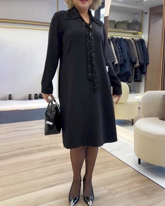 Long-Sleeved Collared Patchwork Dress