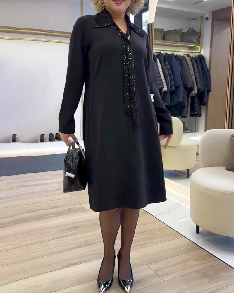 Long-Sleeved Collared Patchwork Dress