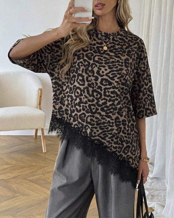 Asymmetrical Lace Spliced Hem Short Sleeve Blouse