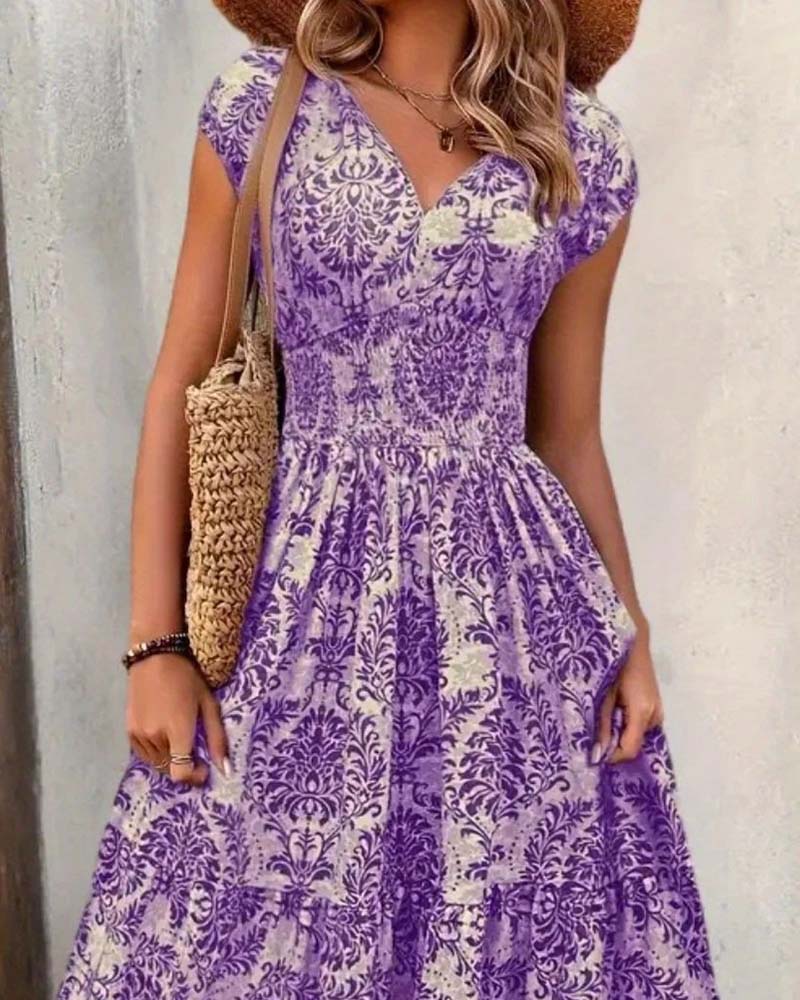 Retro Print V-Neck Cinched Waist Long Dress