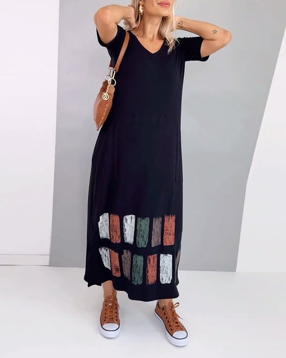 V-Neck Printed Slit Casual Short-Sleeved Dress