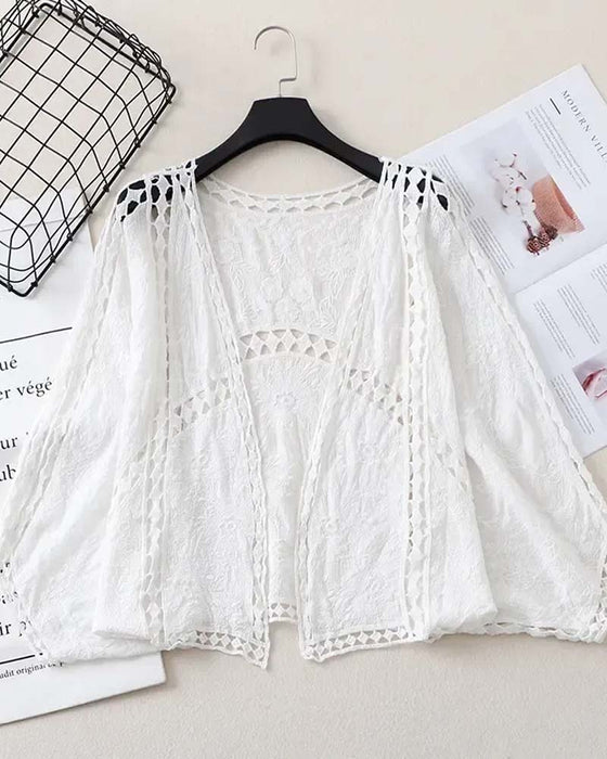 Solid Color Long Sleeve Hollow Out Cover Up