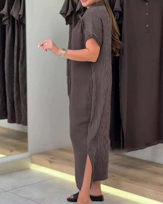 V-Neck Lapel Stripe Cutout Dress