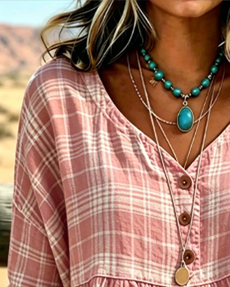 Vintage Plaid V-Neck Blouse