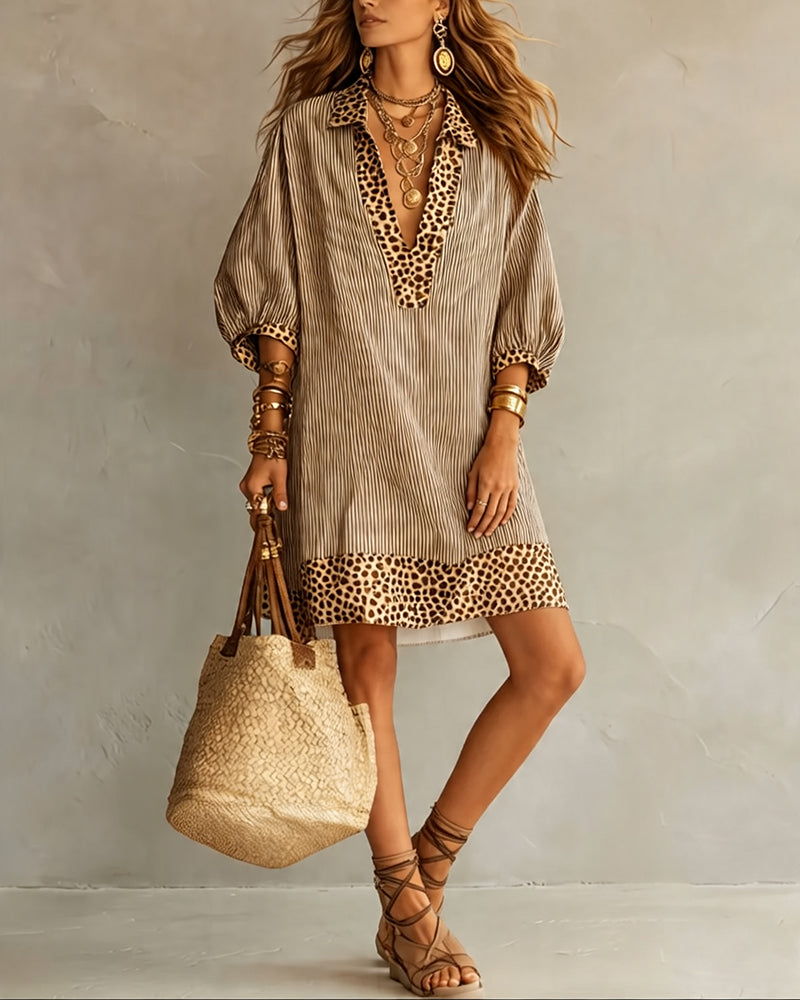 Leopard Print Panel Puff Sleeve Striped Shirt Dress