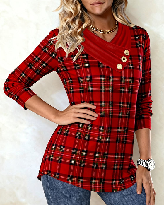 Scarf-Collar Plaid Long-Sleeved Top