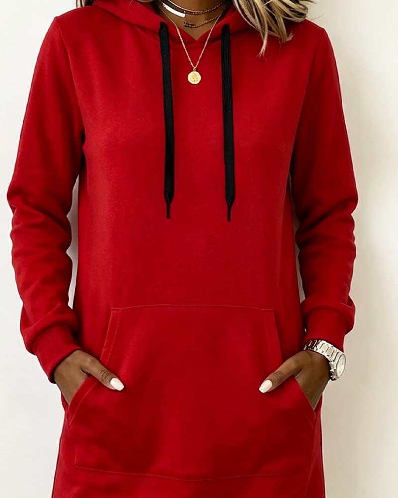 Solid Color Curved Hem Hooded Sweatshirt Dress