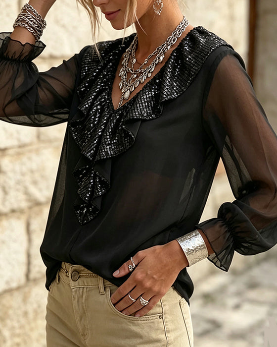 Stylish V-Neck Lace Trim Sheer Blouse