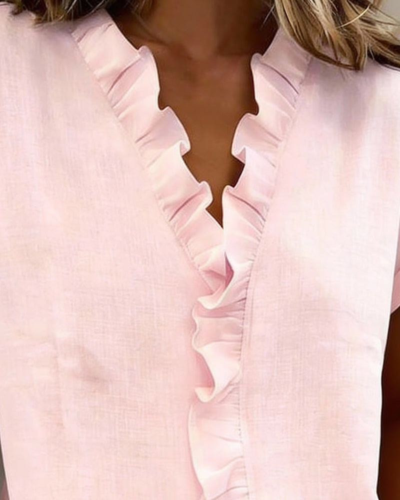 Pure Cotton Short-Sleeved Blouse With Ruffled Collar