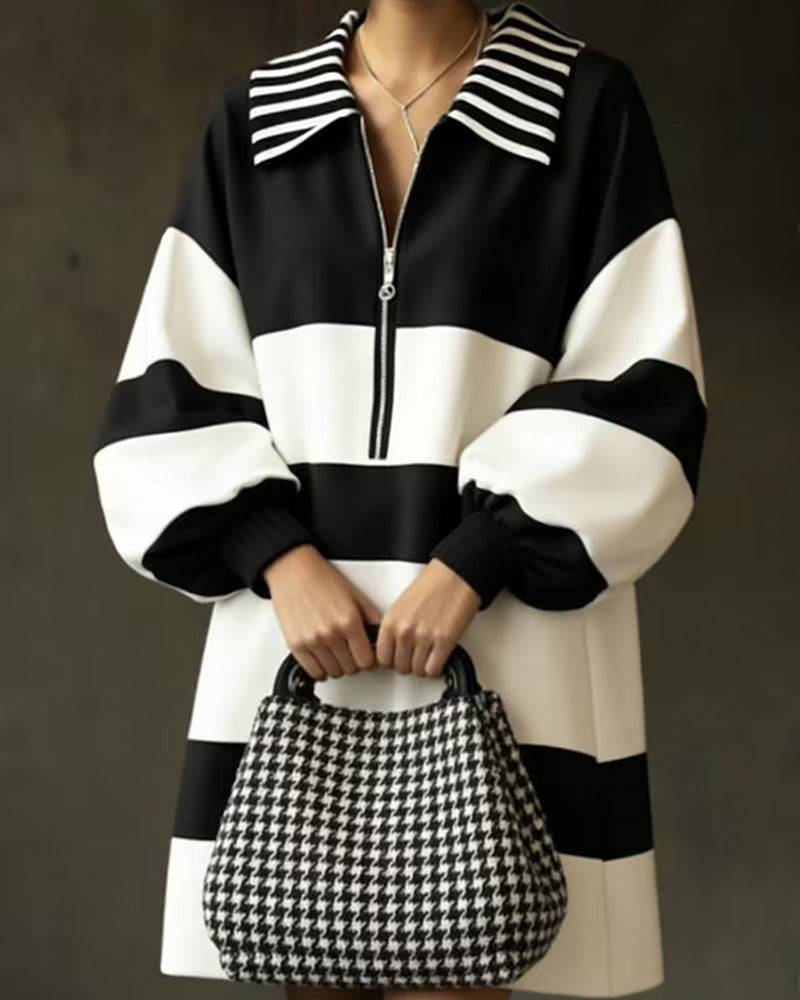 Lantern Sleeve Striped Lapel Zip Dress