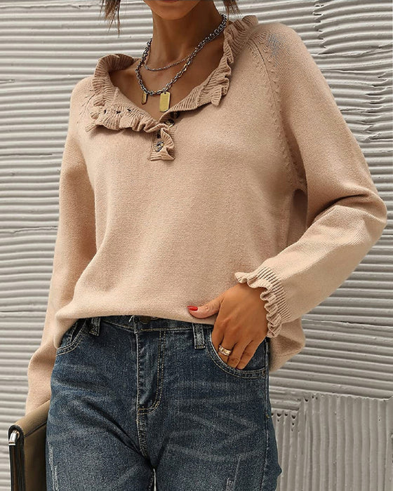 Casual solid color lapel button ruffle pullover