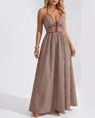 Deep V-Neck Spaghetti Strap Stripe Long Dresses