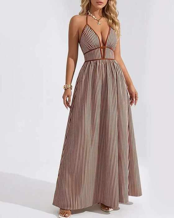Deep V-Neck Spaghetti Strap Stripe Long Dresses