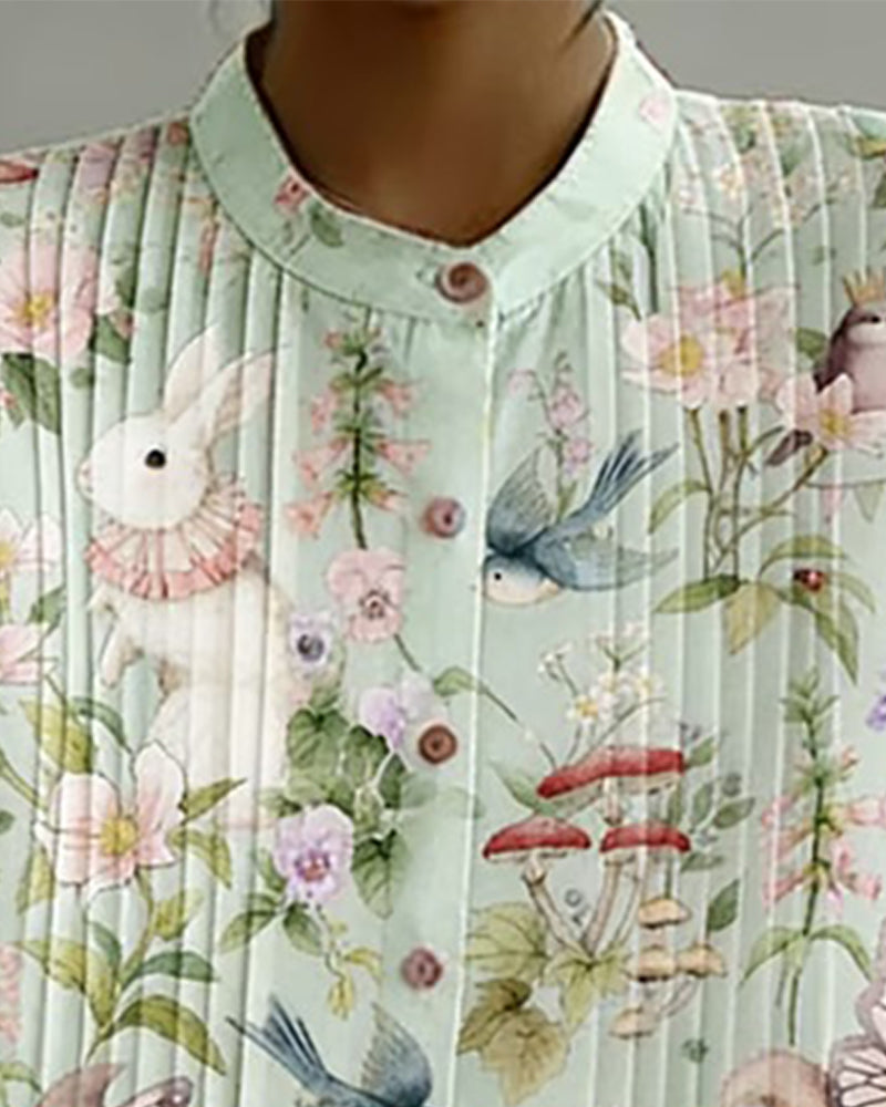 Mandarin Collar Print Accordion Pleat Long Sleeve Shirt