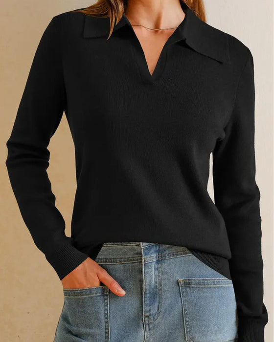 Lapel V-Neck Solid Fitted Top