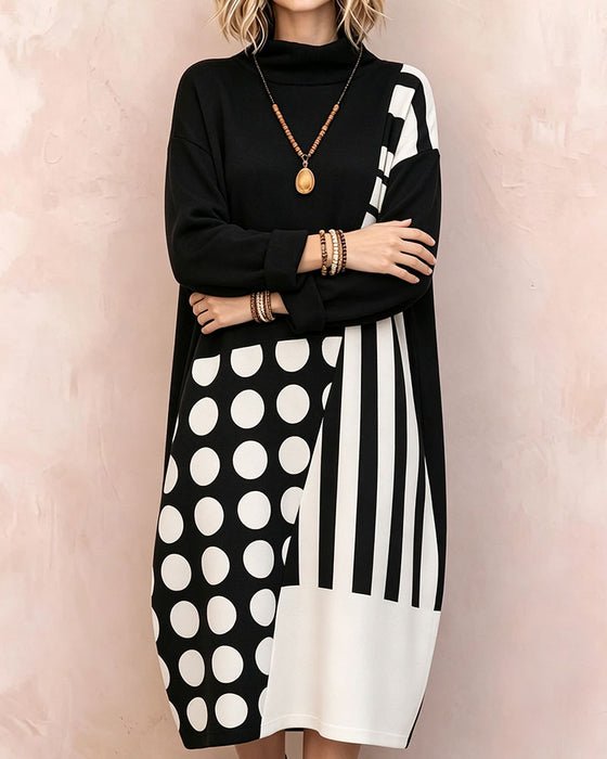 Patchwork Polka Dot Striped High Neck Long-Sleeve Dress