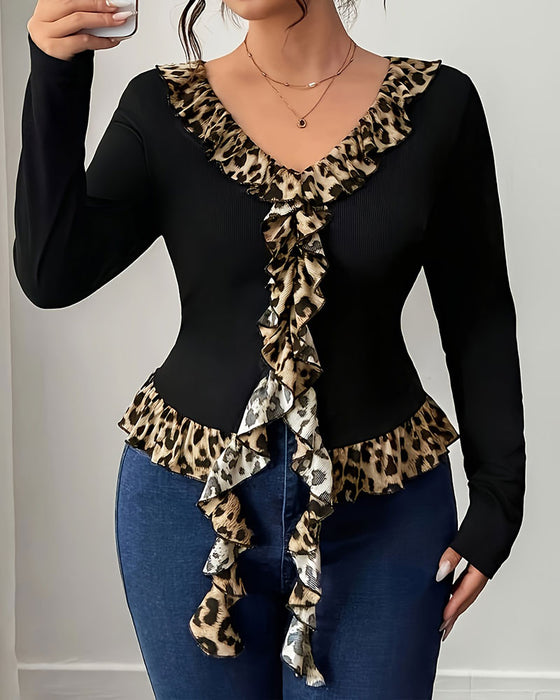 V-Neck Ruffle Leopard Print Top