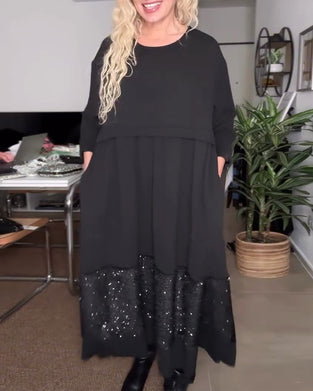 Round Neck Sequin Patchwork Loose Dress