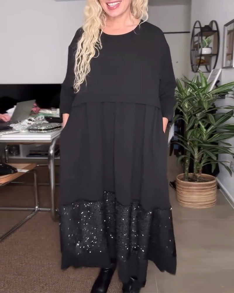 Round Neck Sequin Patchwork Loose Dress